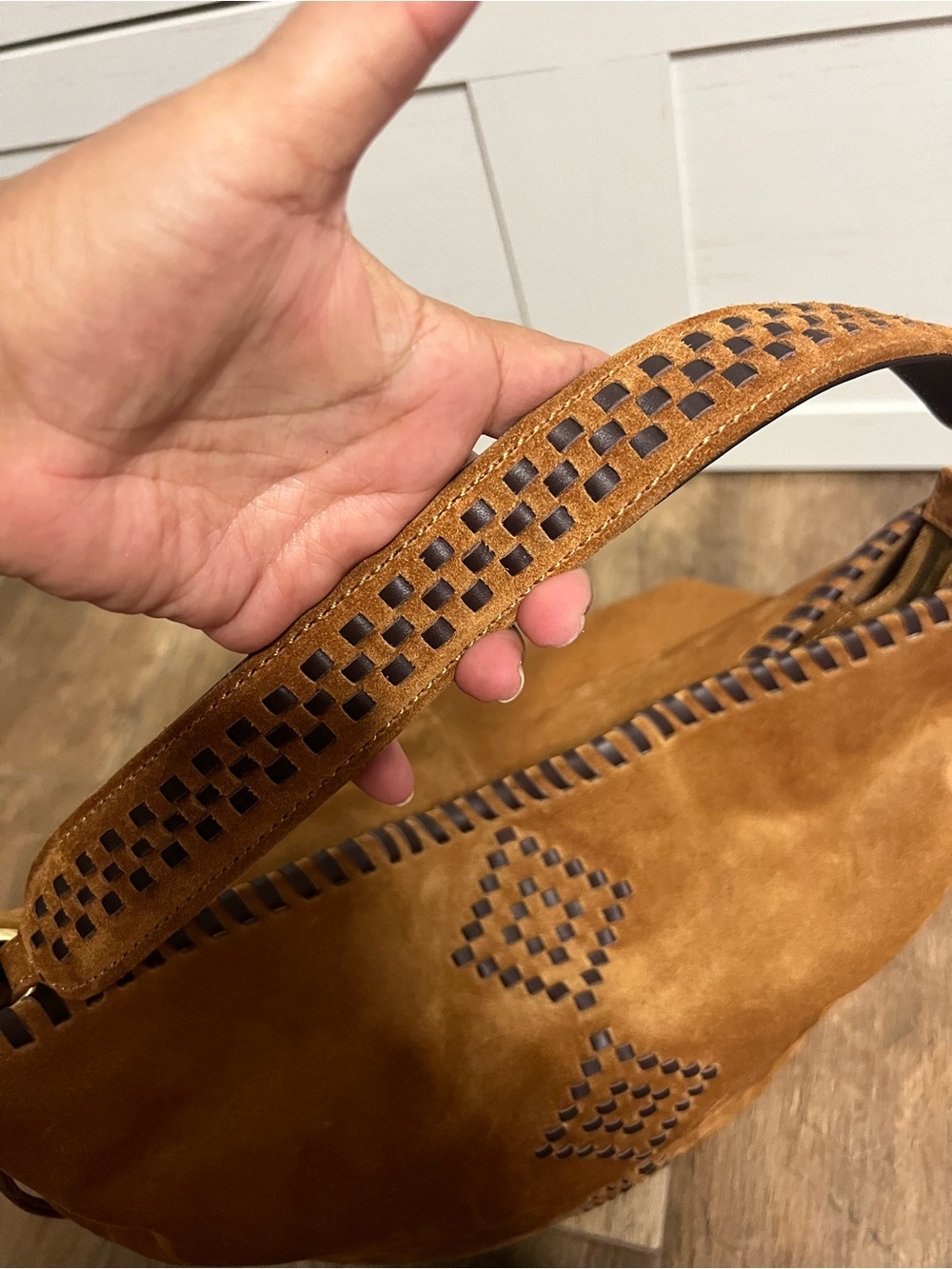 HOBO Harley Suede Bag in Oak Barrel Brown Hand  Stitched Whipstitch w hidepocket - Picture 8 of 16